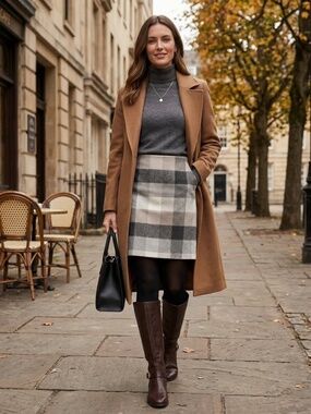 LOFT Plaid Brushed Wool-Blend Shift Mini Skirt Neutrals Grey Taupe NWT